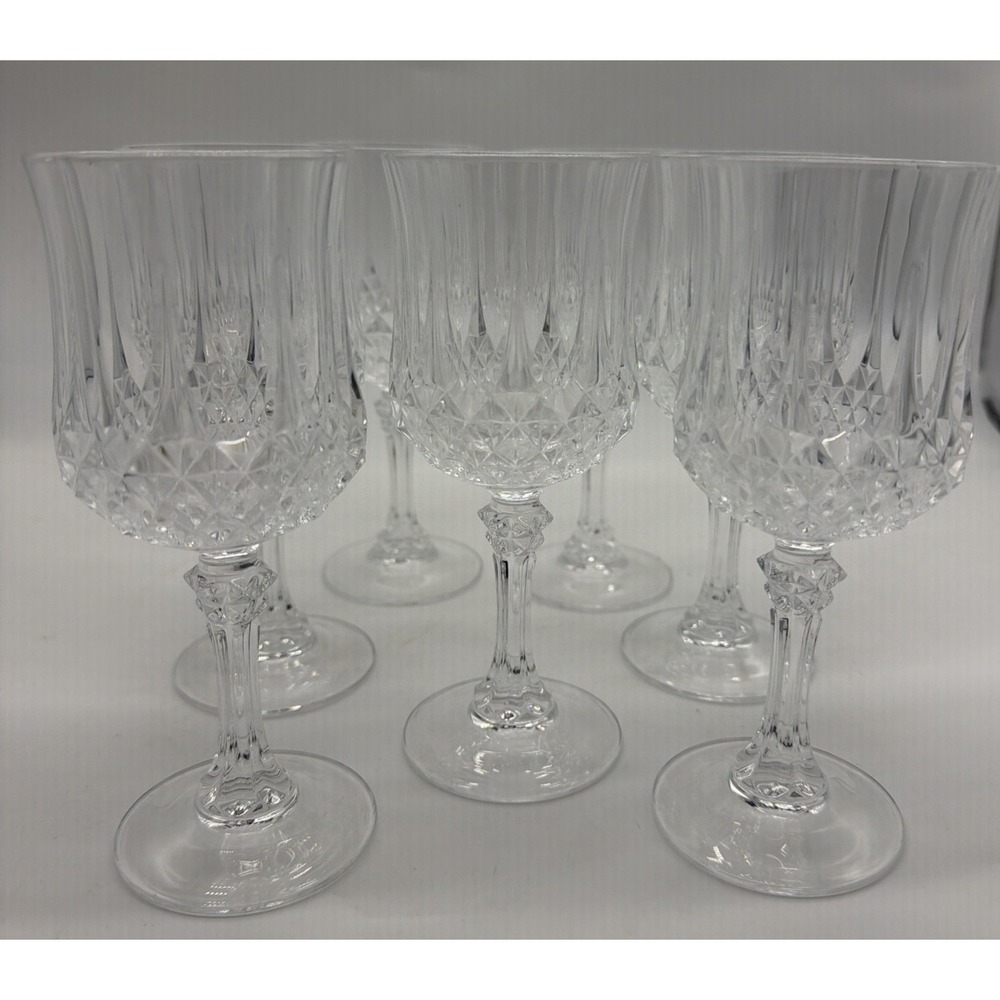 Set of 7 Vintage Cristal D'Arques-Durand Longchamp Crystal‎ Wine Glasses 6.5" H